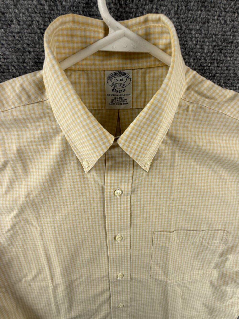 Brooks Brothers Button-Down 15 34 Check Classic Cotton Non-Iron Yellow Mens